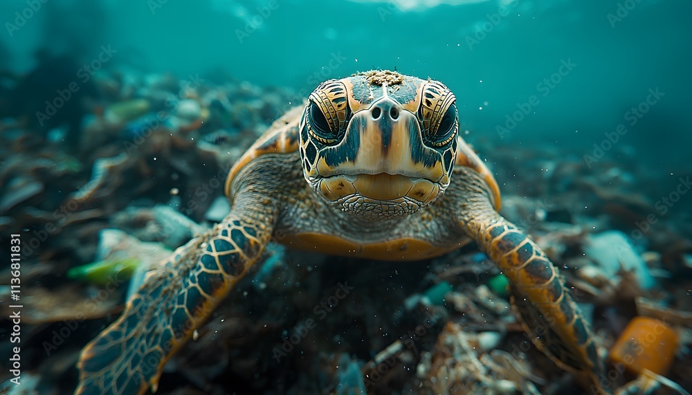 Obraz premium Close-up of a Sea Turtle Swimming Among Ocean Trash, Highlighting Marine Pollution and Wildlife Conservation Efforts Underwater Environment