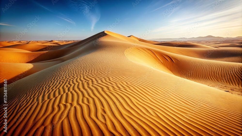 Naklejka premium Ground Level Desert Dune Composition Golden Sands Under Blue Sky, Desert Landscape Photography, Sand Dune Texture, Desert, Sand, Dunes