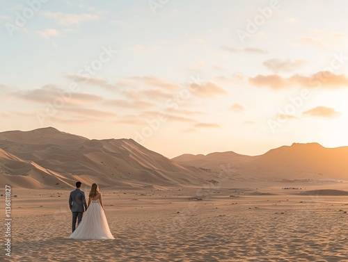 A couple walks hand in hand through a serene desert at sunset.