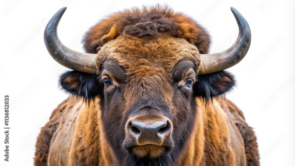 Front View Portrait of European Bison Brown Fur, Large Horns, Close-up, Wild Animal, Mammal Bison, Wildlife, Mammal Front View Portrait of European Bison Brown Fur, Large Horns, Close-up, Wild Animal, Mammal Bison, Wildlife, Mammal