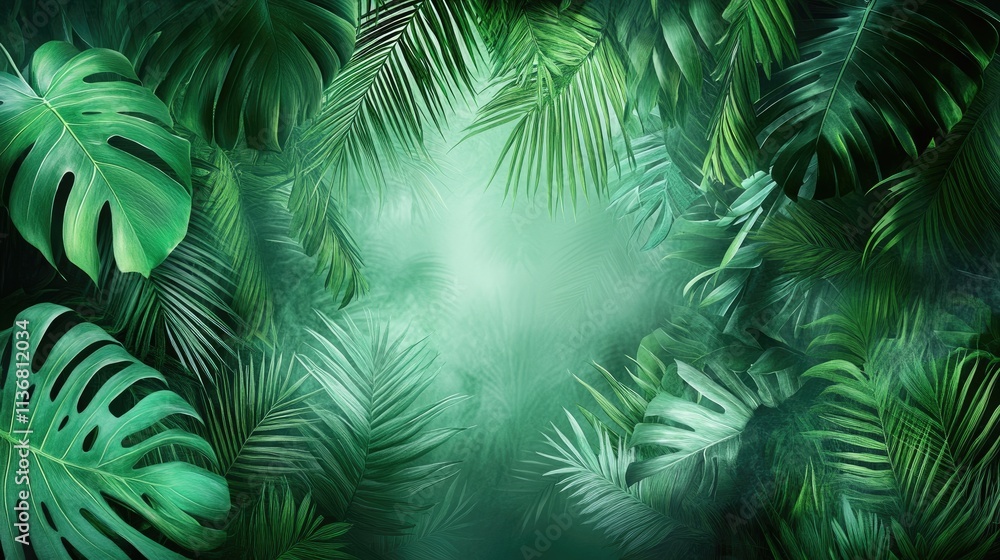 Vibrant Tropical Foliage: Lush Green Jungle Leaves in Misty Forest Atmosphere Vibrant Tropical Foliage: Lush Green Jungle Leaves in Misty Forest Atmosphere