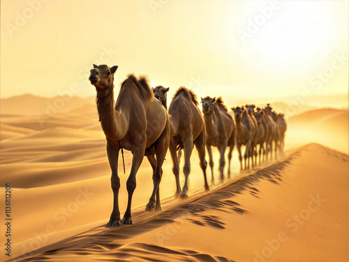 Camel. A large, even-toed ungulate with one or two humps on its back, adapted to the desert environment, walking in a line across sand dunes.
