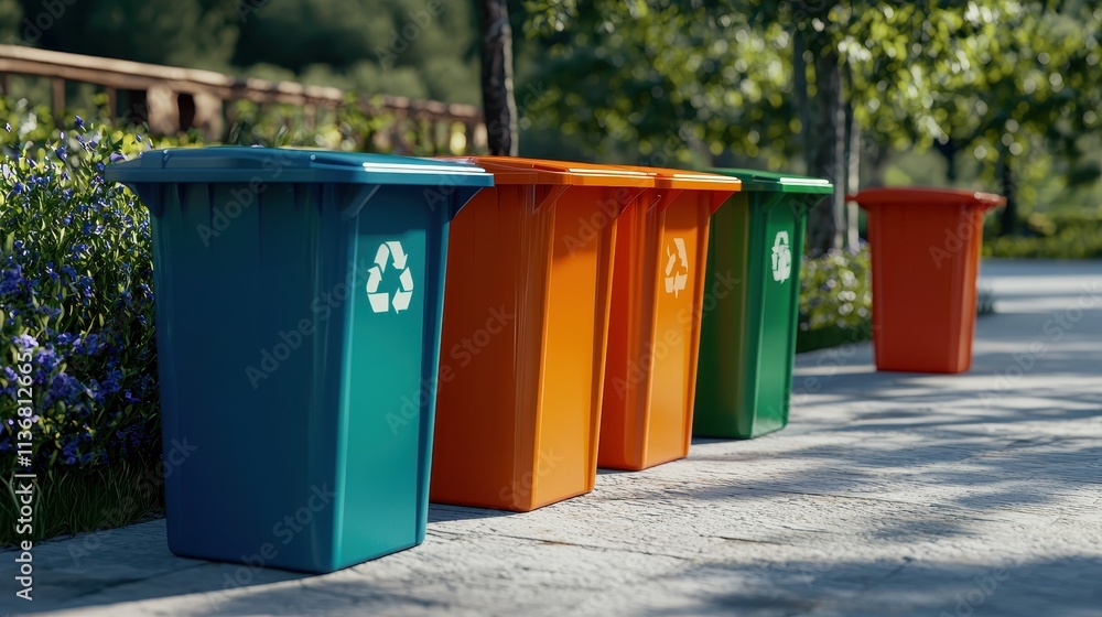 Colorful Recycling Bins in a Park Setting with Lush Greenery and Pathway for Environmental Awareness and Waste Management Initiatives Colorful Recycling Bins in a Park Setting with Lush Greenery and Pathway for Environmental Awareness and Waste Management Initiatives