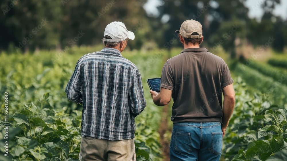 Two Farmers Inspecting a Lush Agricultural Field Two Farmers Inspecting a Lush Agricultural Field
