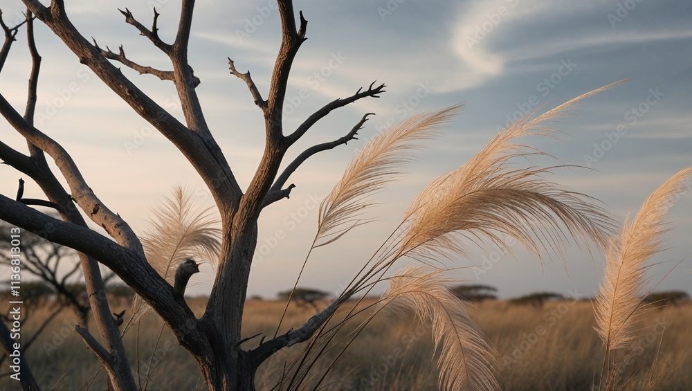 Obraz premium Silhouette of a dry tree with pampas grass against a sunset sky 