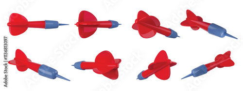 Darts game throwing arrows. Realistic 3D flying dart with aerodynamic wings and pointed needle tips, glossy arrow toy objects different angles isolated vector set.