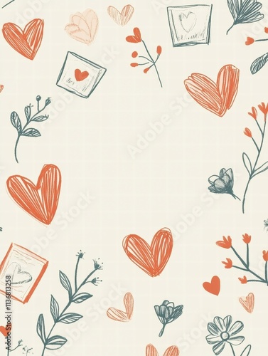 Colorful and playful hand-drawn love cards form a delightful Valentine's Day backdrop, featuring hearts and floral accents for creative expression. Generative AI photo