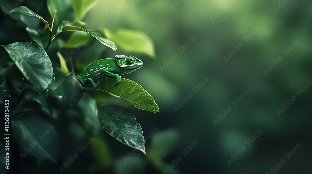 A vibrant green chameleon perched on a lush leaf, blending beautifully into its verdant surroundings. A vibrant green chameleon perched on a lush leaf, blending beautifully into its verdant surroundings.