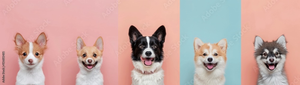 A cheerful lineup of five adorable dogs, showcasing varying breeds and playful expressions against a colorful background. A cheerful lineup of five adorable dogs, showcasing varying breeds and playful expressions against a colorful background.
