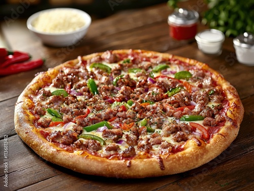 A mouthwatering pizza topped with sausage, peppers, and onions, perfect for gatherings and dinner parties.