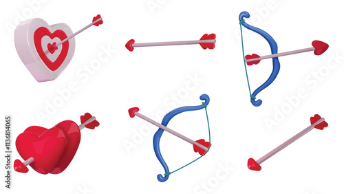 Cupid bow and arrow. 3D heart shaped target, love arrows and romantic bows, glossy hearts couple. Valentines Day archery realistic isolated vector set.