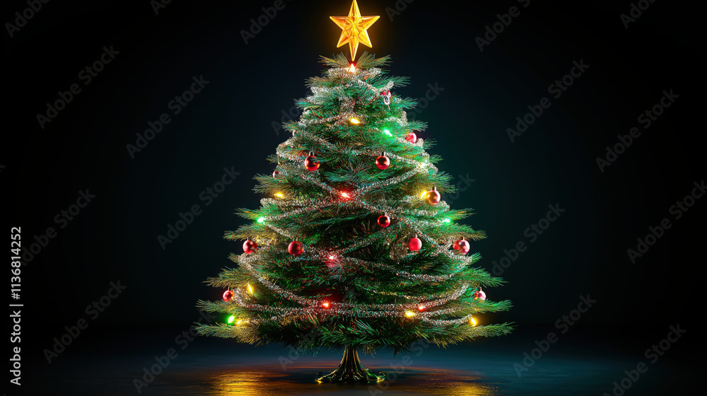 Illustration of a Christmas Tree with Tinsel, Lights, and Star Illustration of a Christmas Tree with Tinsel, Lights, and Star