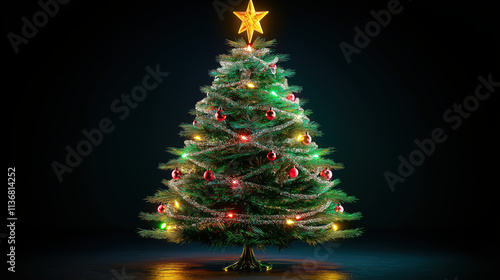 Illustration of a Christmas Tree with Tinsel, Lights, and Star