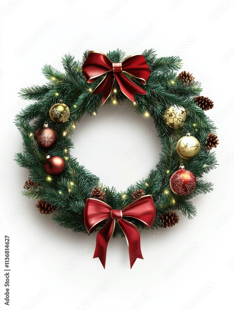A festive wreath of evergreen branches adorned with ornaments and ribbons for Christmas celebration preparation A festive wreath of evergreen branches adorned with ornaments and ribbons for Christmas celebration preparation