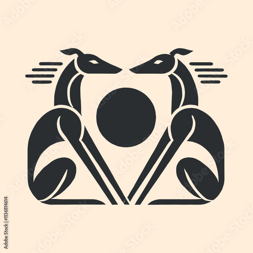 Fotografie Vintage black-and-white vector of two greyhounds facing each other with a sun