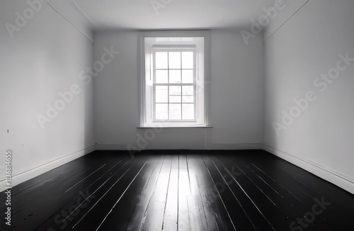 Empty room with dark wood floor, single window, bright light. photo