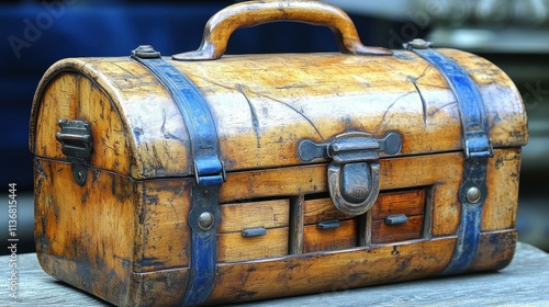 Vintage Tools and Equipment A wooden tool carrier with a handle and compartments for storing tools Isolated solo on plain background