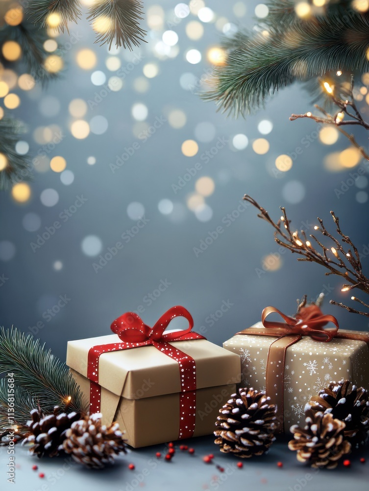 christmas and new year background - gift boxes and pine cones and branches on the background of bokeh garlands christmas and new year background - gift boxes and pine cones and branches on the background of bokeh garlands