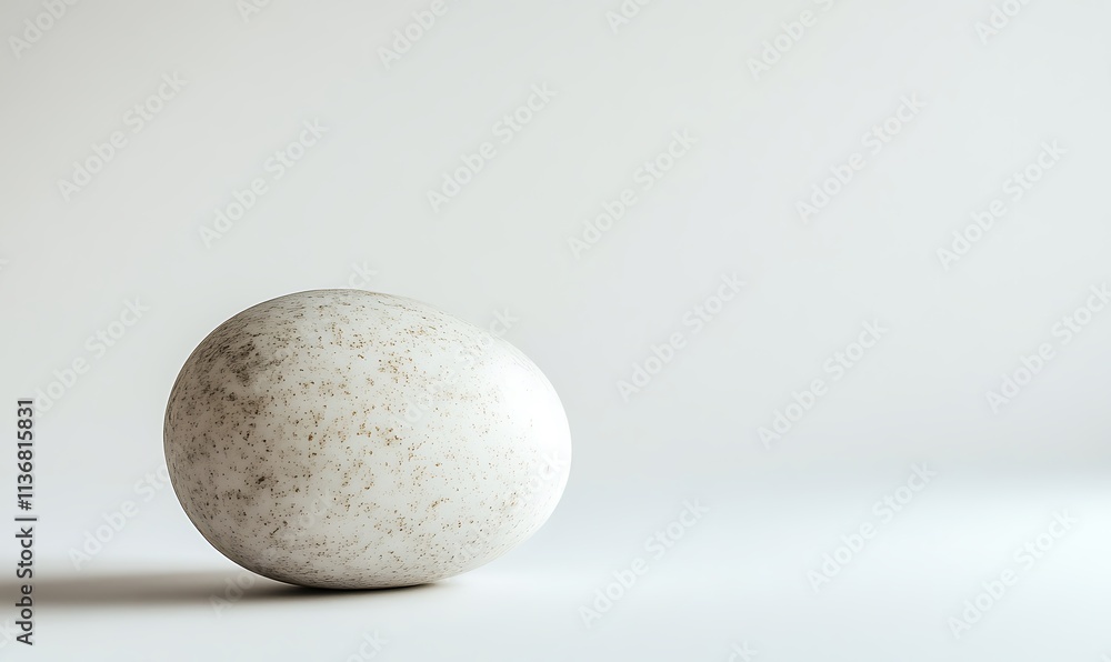 A speckled white egg rests on a plain white background A speckled white egg rests on a plain white background