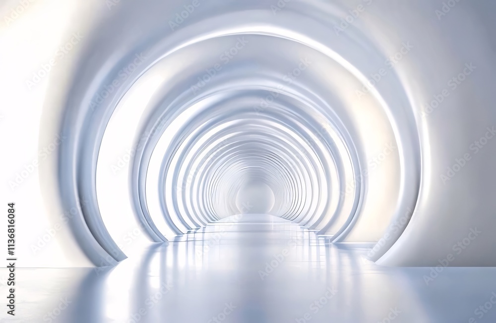 Abstract white tunnel with glowing arches, perspective, and reflective floor. Abstract white tunnel with glowing arches, perspective, and reflective floor.