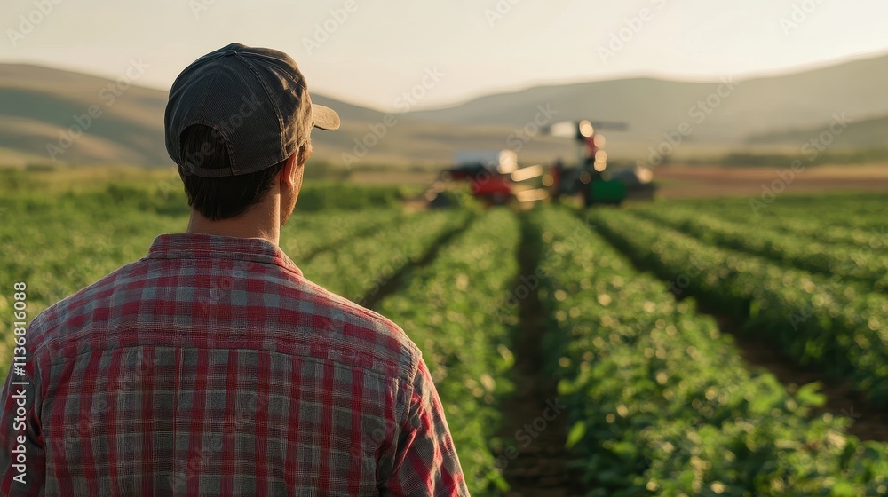 Farmer Overlooking Lush Agricultural Landscape Farmer Overlooking Lush Agricultural Landscape