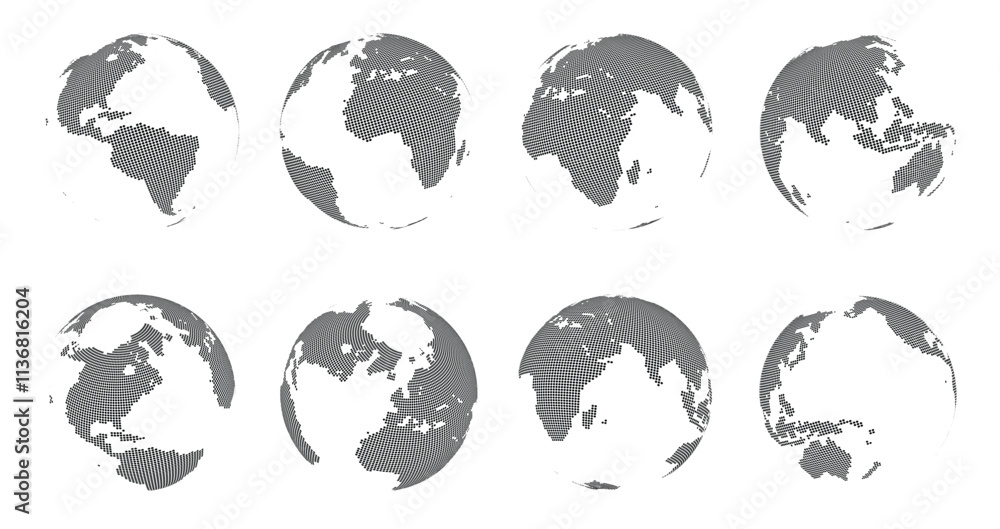 World 3d map. Globe sphere with dotted continents, Earth dots grid wireframe and geometric geography technology visuals. Futuristic global isolated vector set. World 3d map. Globe sphere with dotted continents, Earth dots grid wireframe and geometric geography technology visuals. Futuristic global isolated vector set.