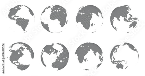 World 3d map. Globe sphere with dotted continents, Earth dots grid wireframe and geometric geography technology visuals. Futuristic global isolated vector set.
