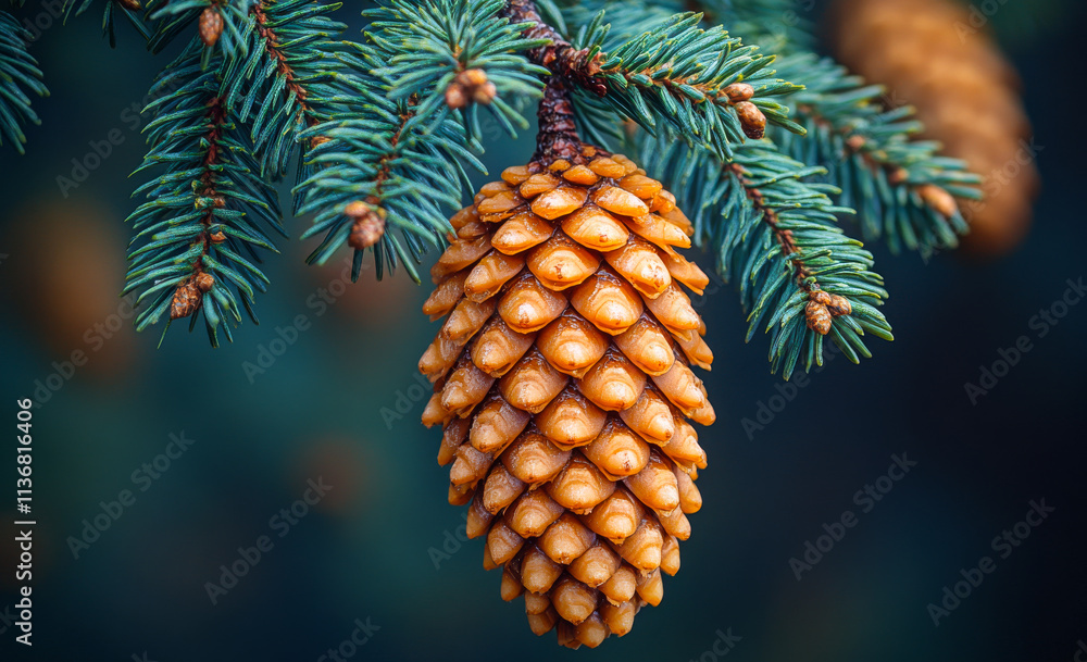 Beautiful pine cone hanging from evergreen branch. A close-up of a pine cone on a lush evergreen branch, highlighting nature's intricate design and textures. Beautiful pine cone hanging from evergreen branch. A close-up of a pine cone on a lush evergreen branch, highlighting nature's intricate design and textures.