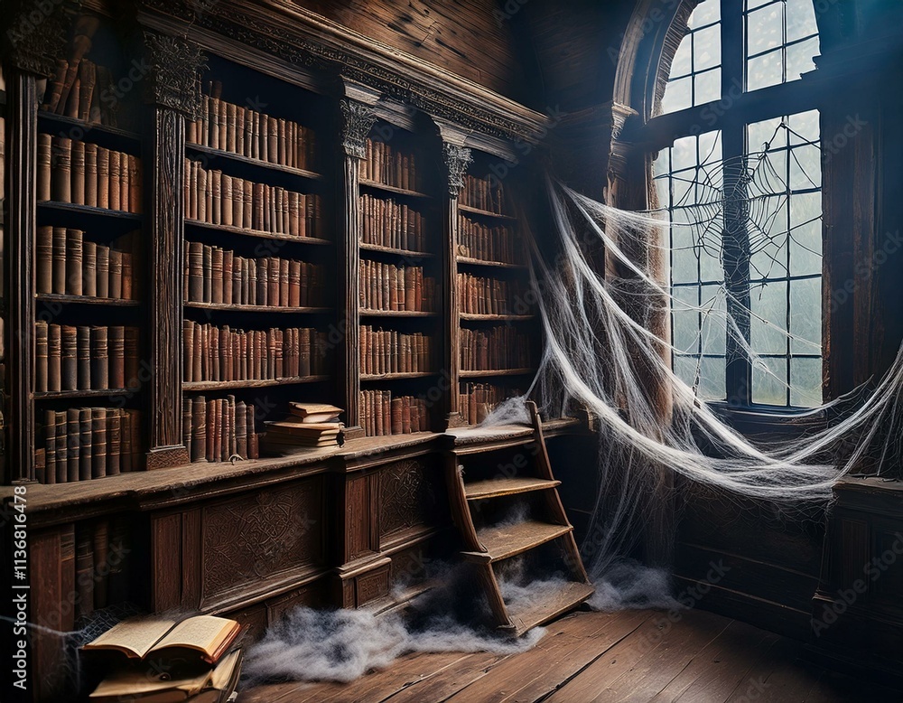 A spooky library with cobwebs and old, dusty books A spooky library with cobwebs and old, dusty books