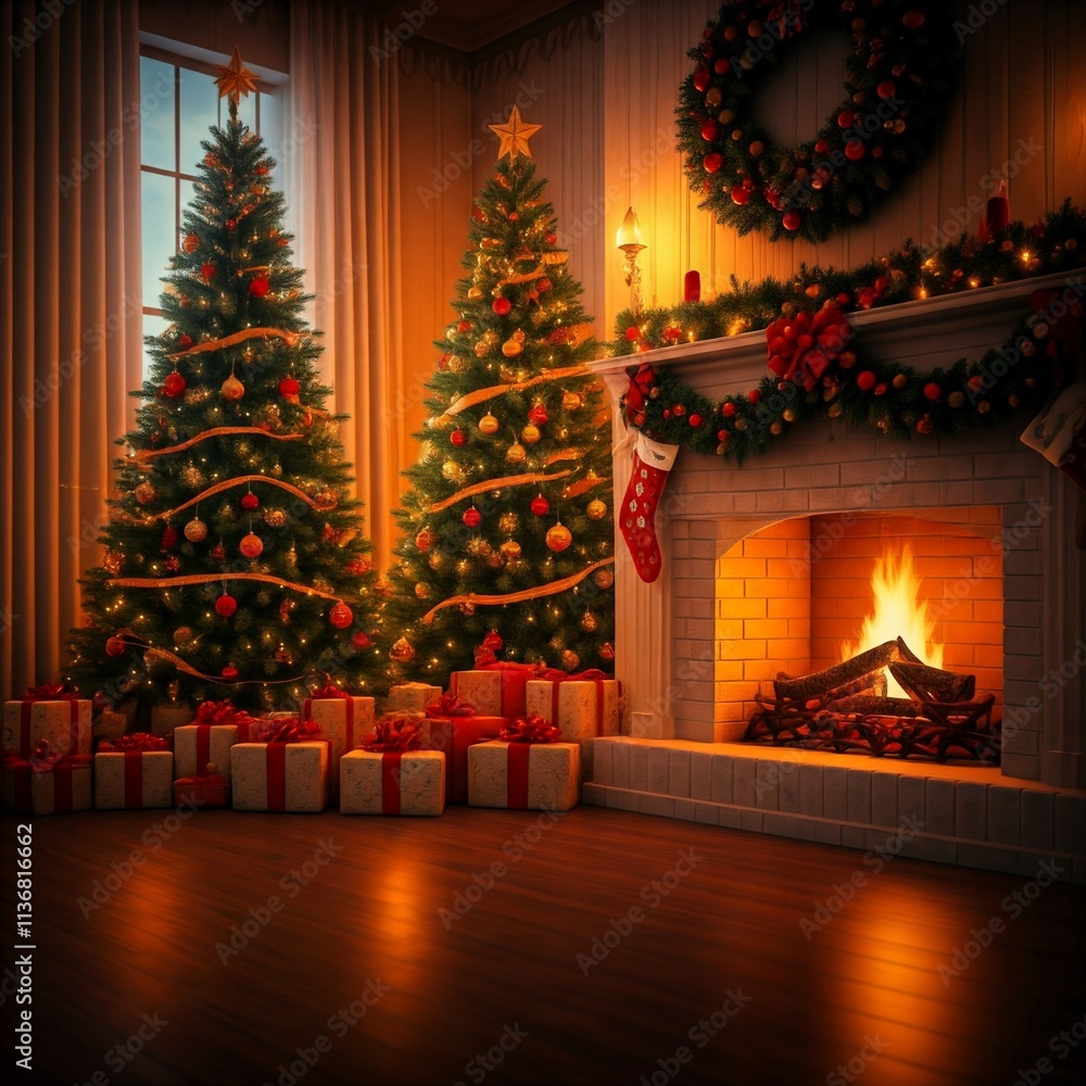 a cozy living room decorated for Christmas. A roaring fire crackles in the fireplace, casting a warm glow on the scene. A beautifully decorated Christmas tree stands in the corner, adorned with twinkl a cozy living room decorated for Christmas. A roaring fire crackles in the fireplace, casting a warm glow on the scene. A beautifully decorated Christmas tree stands in the corner, adorned with twinkl