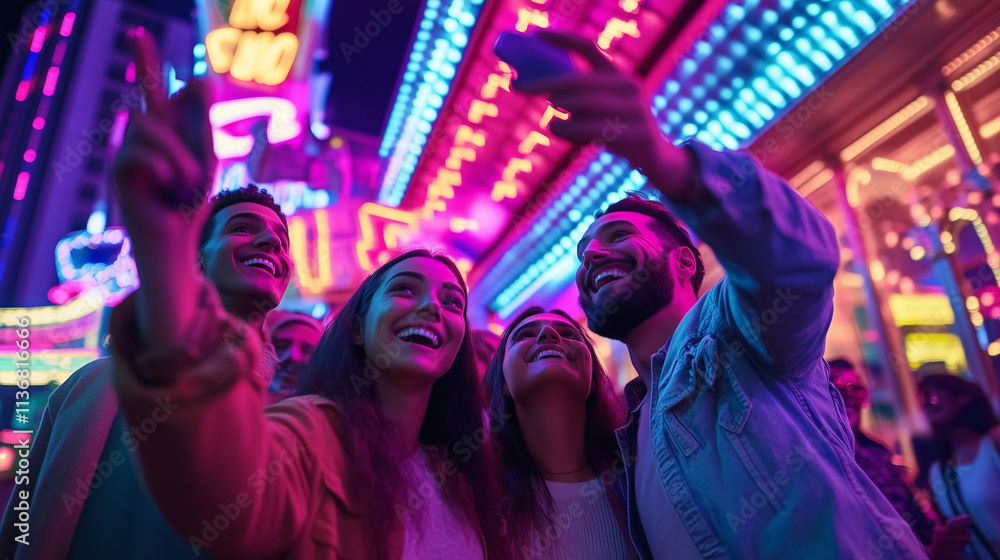 Fototapeta premium A group of friends excitedly taking a selfie under vibrant neon lights, glowing with fun and nightlife energy. Perfect for modern travel and social themes. 