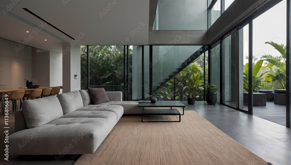 Modern living room featuring a gray sectional sofa, coffee table, and large windows with views of greenery outside. Modern living room featuring a gray sectional sofa, coffee table, and large windows with views of greenery outside.