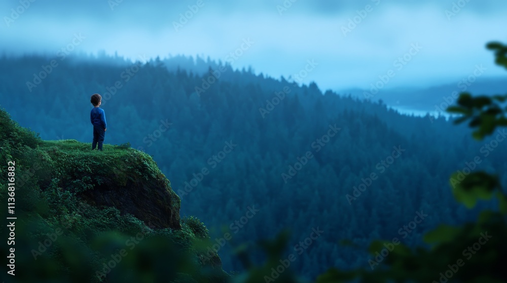 Boy Exploring a Forest Trail with Stunning Views Boy Exploring a Forest Trail with Stunning Views