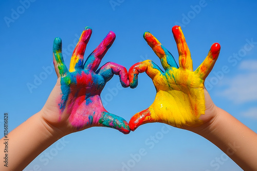 Colorful hands creating a heart shape. Two colorful hands come together to form a heart against a clear blue sky, symbolizing creativity and love.