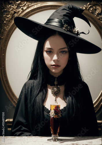 portrait of a witch with a broom and simple background