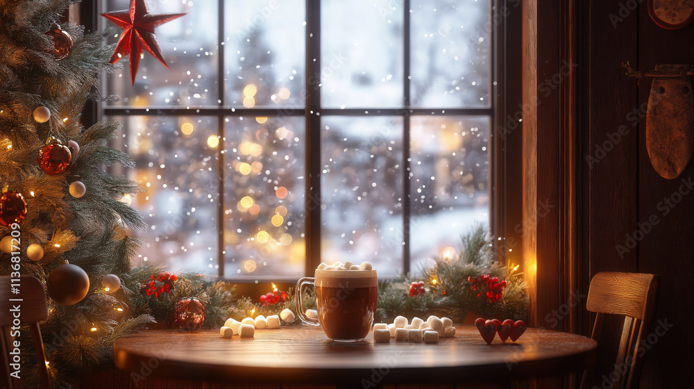 Cozy Winter Cafe with Snowy Window View and Festive Decorations Cozy Winter Cafe with Snowy Window View and Festive Decorations