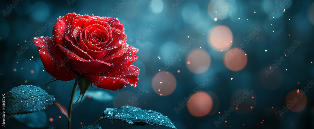 Vibrant red rose with water droplets in soft light. A vibrant red rose glistens with water droplets in soft light against a blurred background. Vibrant red rose with water droplets in soft light. A vibrant red rose glistens with water droplets in soft light against a blurred background.