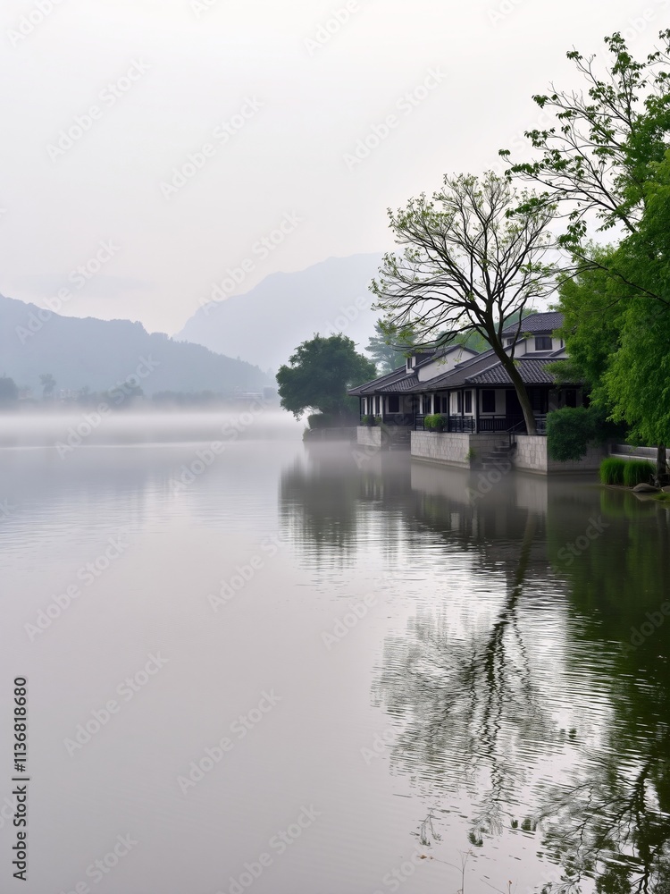 Serene Lake Landscape with Mist and Reflection of Traditional Architecture Serene Lake Landscape with Mist and Reflection of Traditional Architecture
