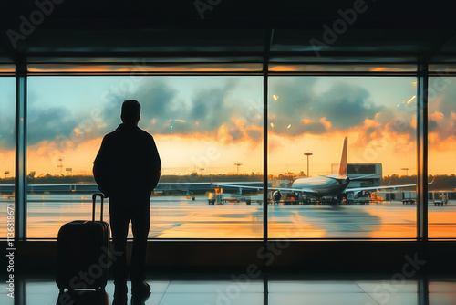 silhouette of men standing back, suitcase in hand, at the airport, looking out the window