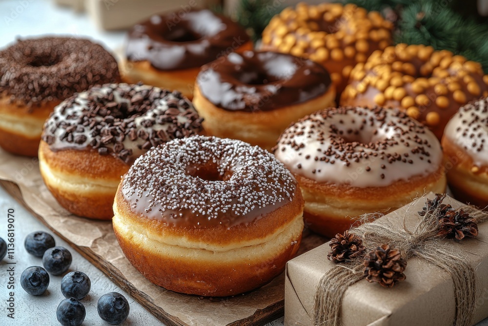 Assorted donuts with chocolate toppings and gift box for Hanukkah celebration Assorted donuts with chocolate toppings and gift box for Hanukkah celebration