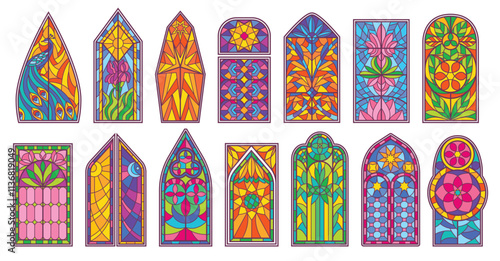 Stained glass windows. Colored art glass mosaics with ornamental floral patterns, medieval church window and decorative cathedral architecture geometric isolated vector illustrations set.