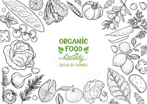 Vegan food sketch. Organic food set. Healthy food frame illustration. Vegetables and fruits sketch. Hand drawn illustration.