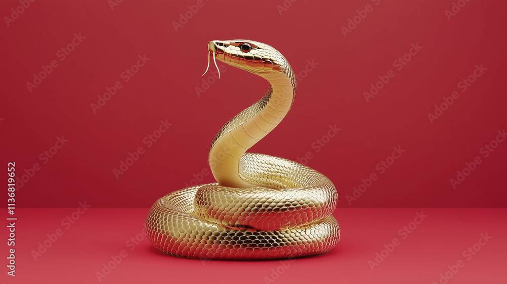 Fototapeta premium 3D gold snake illustration on a red background