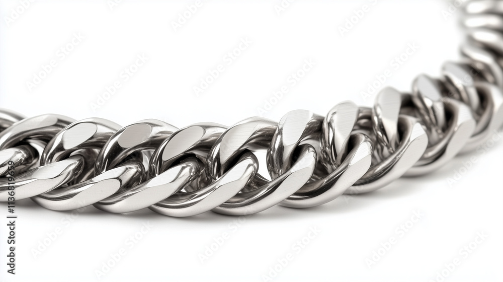 Stainless steel chain horizontal stretch close-up isolated on white Stainless steel chain horizontal stretch close-up isolated on white