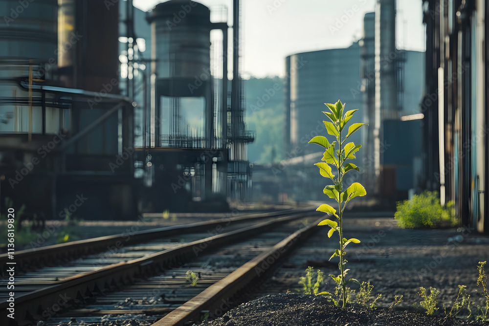 Fototapeta premium Thriving young plant amidst an industrial backdrop symbolizing growthhigh quailty image