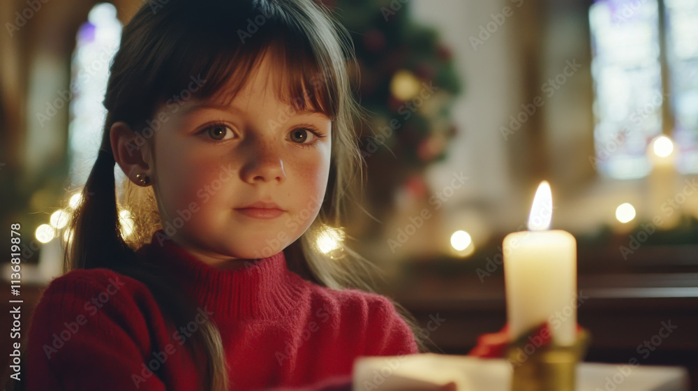 Young girl holding a candle in a softly lit church during a festive season celebration with Christmas decorations Young girl holding a candle in a softly lit church during a festive season celebration with Christmas decorations