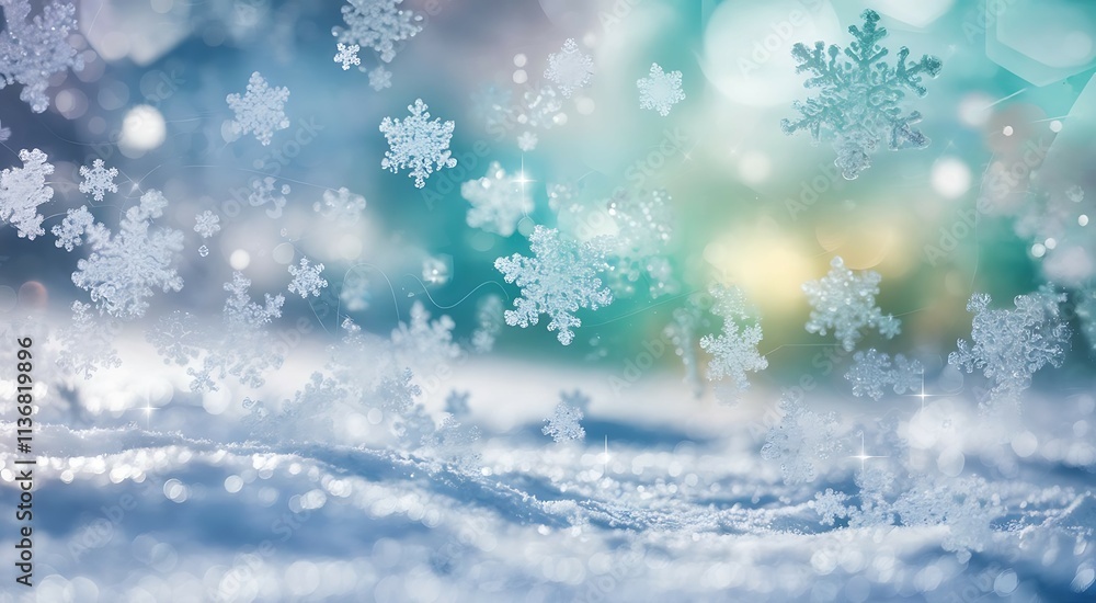 Naklejka premium Snowflakes Scattered Across a Dreamy Snowy Landscape with Icy Blue and Turquoise Background, Shimmering Frost-Like Texture, and Magical Bokeh Highlights
