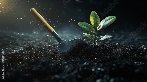 A garden hoe breaking ground for a new planting season, signifying the commencement of fresh growth and potential. Concept of seasonal gardening. Generative AI.

 photo