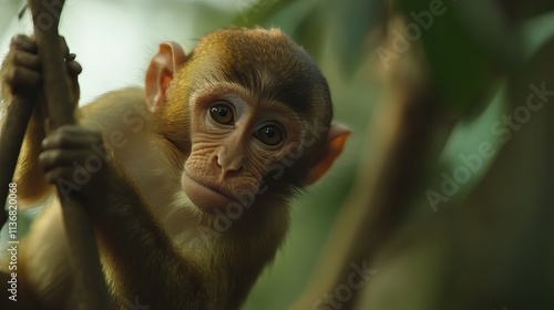 A curious young monkey gazes from a tree branch, showcasing its expressive eyes and playful demeanor in a lush green environment.