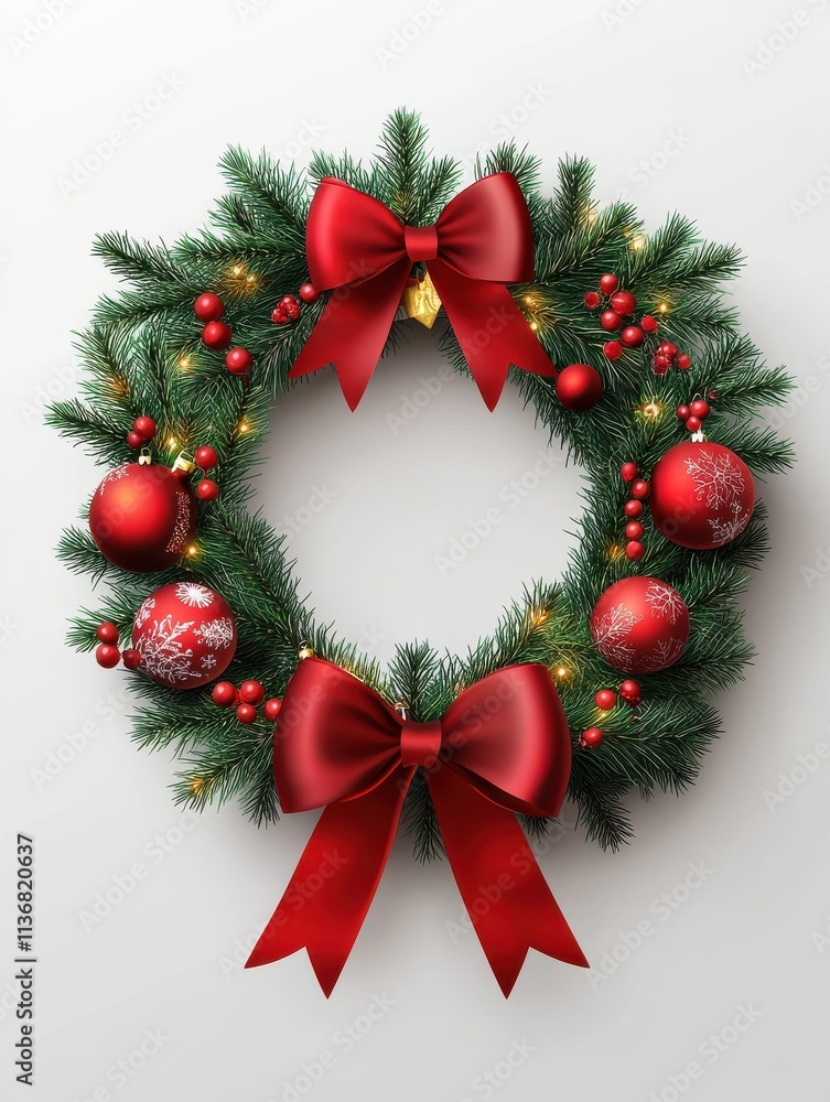 A festive wreath of evergreen branches adorned with ornaments and ribbons for Christmas celebration preparation A festive wreath of evergreen branches adorned with ornaments and ribbons for Christmas celebration preparation